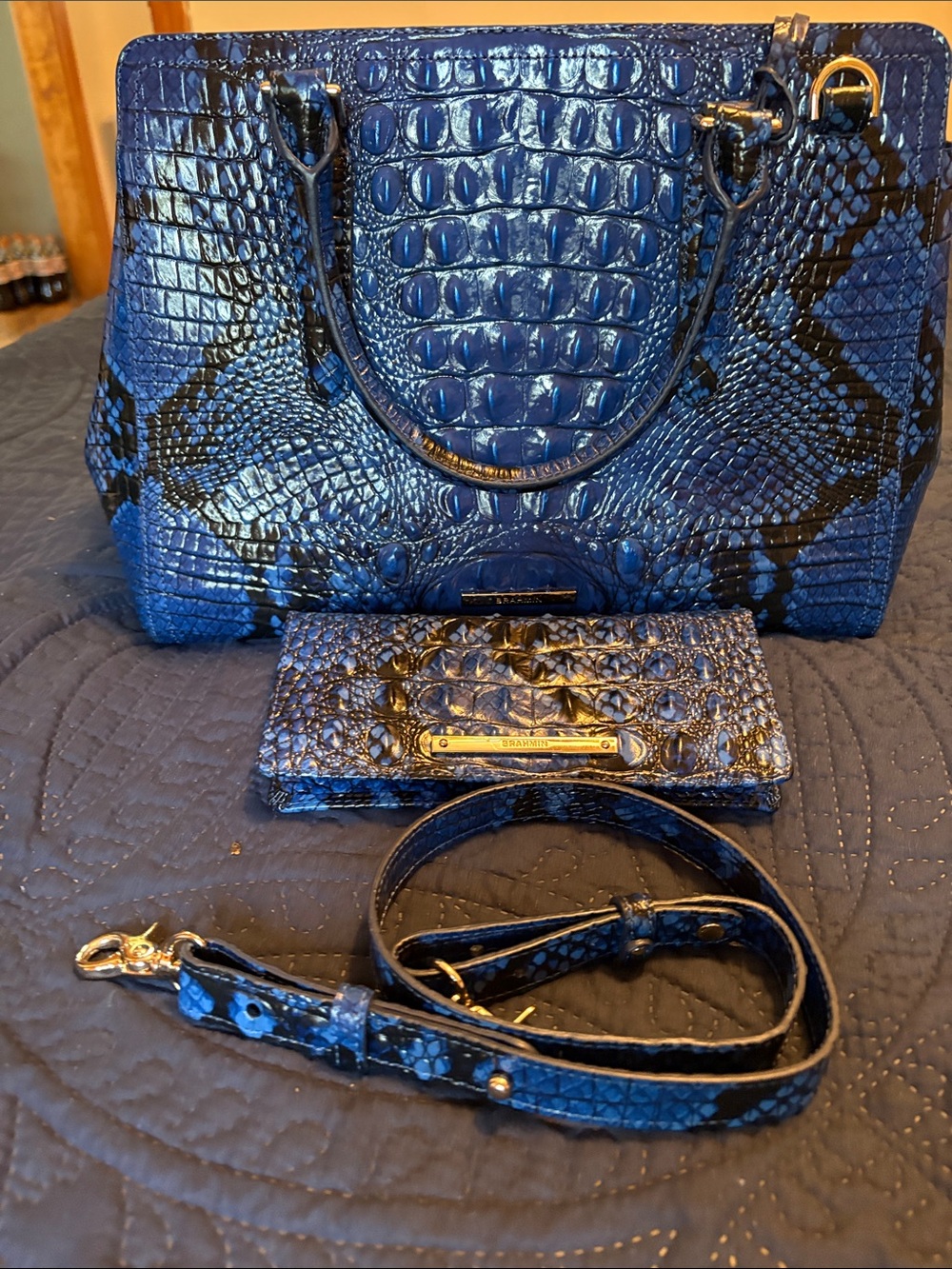 Brahmin Blue Croc-Embossed Satchel with Matching Ady Wallet and Strap